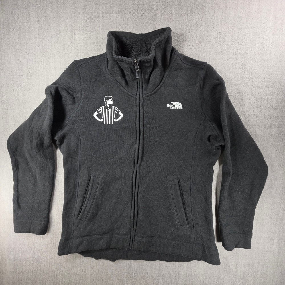 The North Face Fleece Jacket Womens XL Black Full Zip Referee Logo Sweater Knit